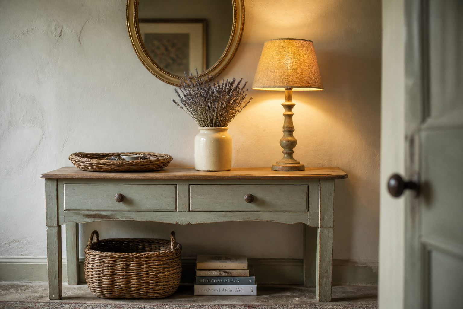 A narrow painted-pine cottage entryway console table styled with a tray, linen-shaded lamp, dried botanicals in a cream vase, and an oval gilt mirror above