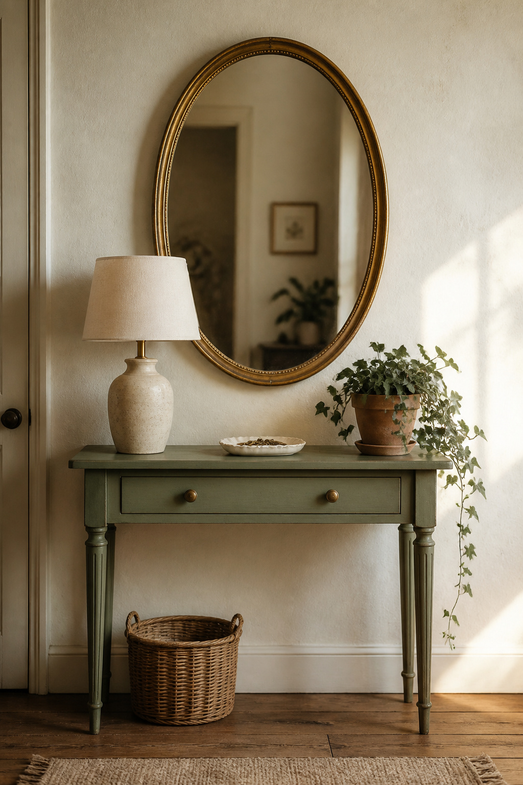 Cottage entryway console table with sage painted finish, oval gilt mirror above, linen table lamp, ceramic tray and trailing ivy vignette