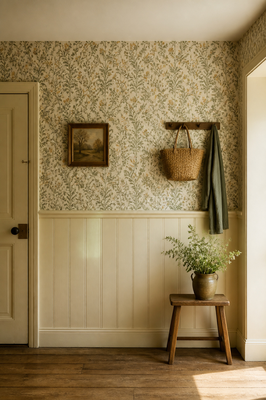 Period cottage entry wall showing tongue-and-groove panelling in deep warm cream below a dado rail, with small-scale botanical wallpaper in sage and ochre above