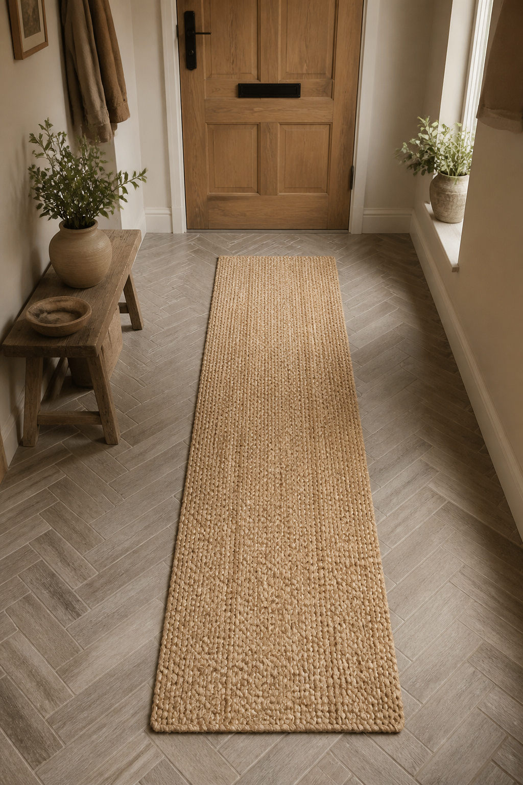 Herringbone porcelain tile cottage entryway floor with natural jute runner in warm oat tones
