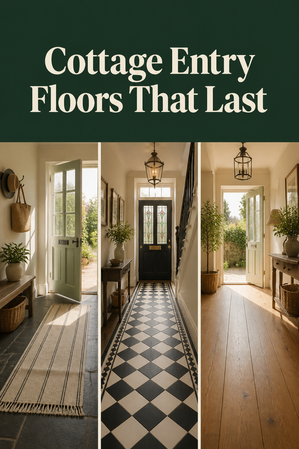 Pinterest collage showing three cottage entryway flooring ideas: slate tile with runner, black-and-white checkerboard porcelain, and warm engineered oak