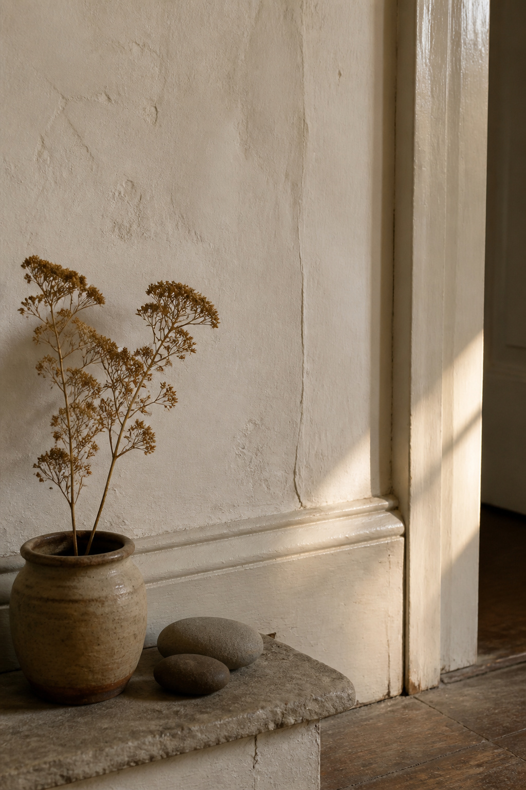 Close view of a period plaster wall in warm creamy white beside a semi-gloss timber skirting, with a dried seedhead stem in a small ceramic pot suggesting heritage palette origins