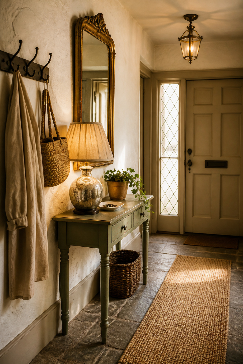 Cottage entryway with flagstone floor, peg rail, sage console table, jute runner and aged-brass lantern fixture