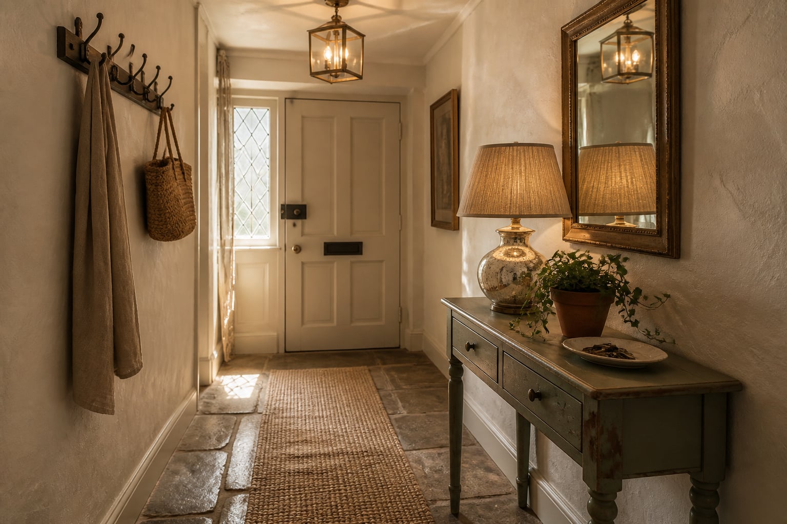Cottage entryway with flagstone floor, peg rail, sage console table, jute runner and aged-brass lantern fixture