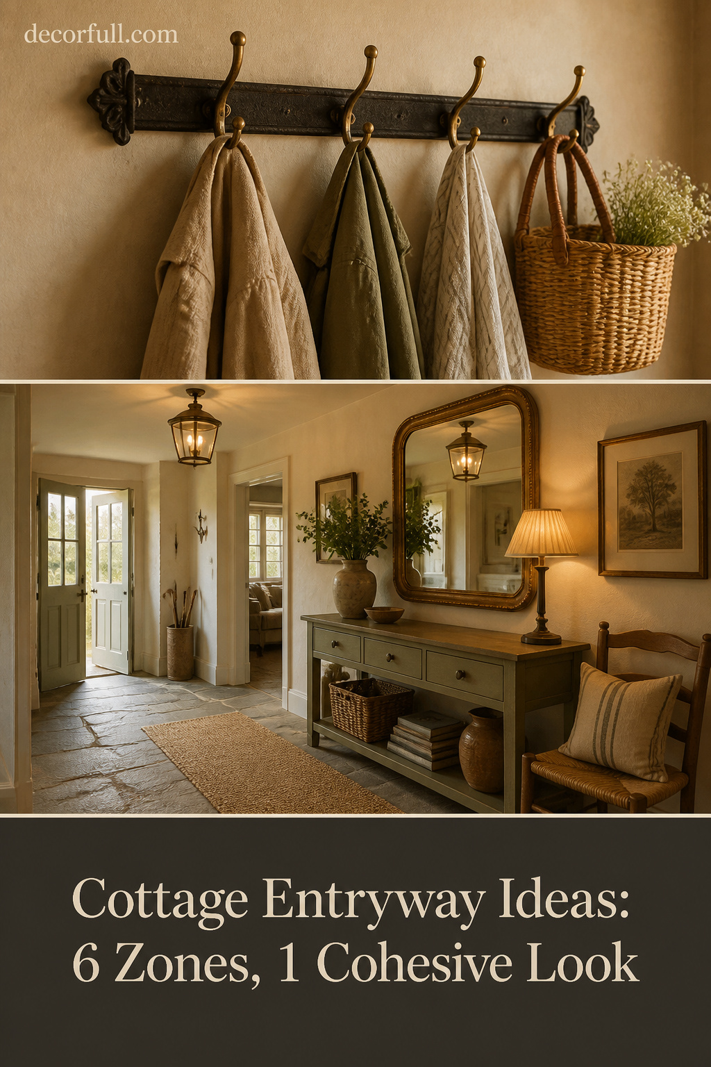 Pinterest collage of cottage entryway ideas — peg rail, flagstone floor, sage console with mirror and jute runner