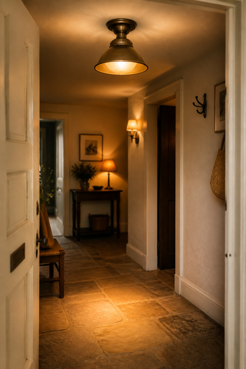 A cottage entryway lit by a warm aged-brass semi-flush ceiling fixture, wall sconce and console lamp creating three layers of welcoming amber light