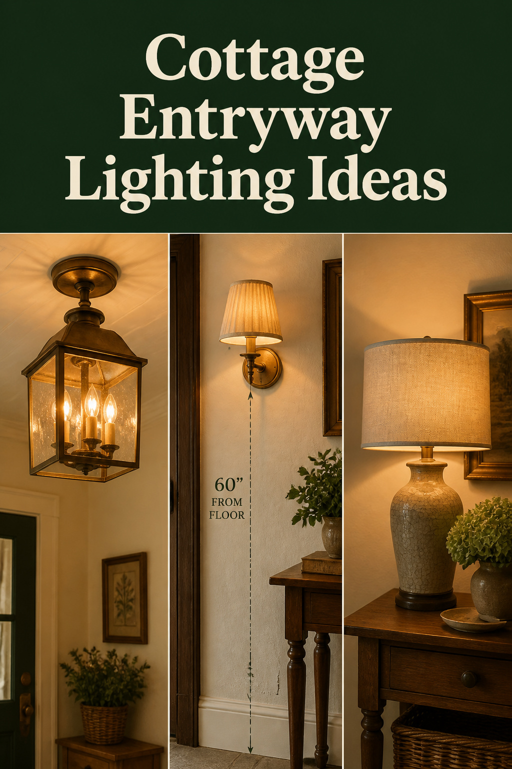 Three cottage entryway lighting ideas: aged-brass semi-flush ceiling fixture, wall sconce at 60 inches, and console table lamp