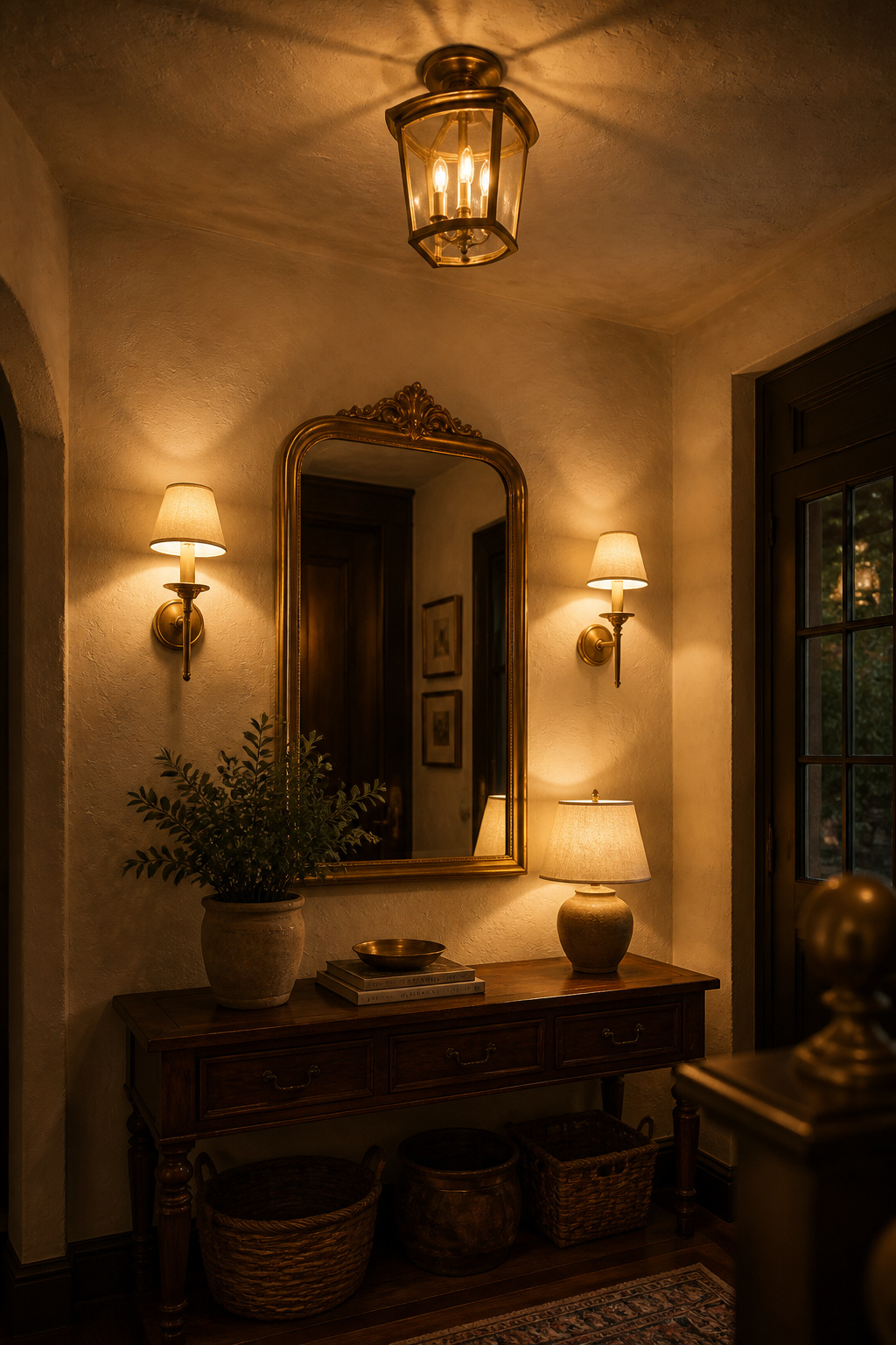 Layered cottage entry lighting — aged brass lantern semi-flush mount, wall sconces and console table lamp creating warm three-level illumination
