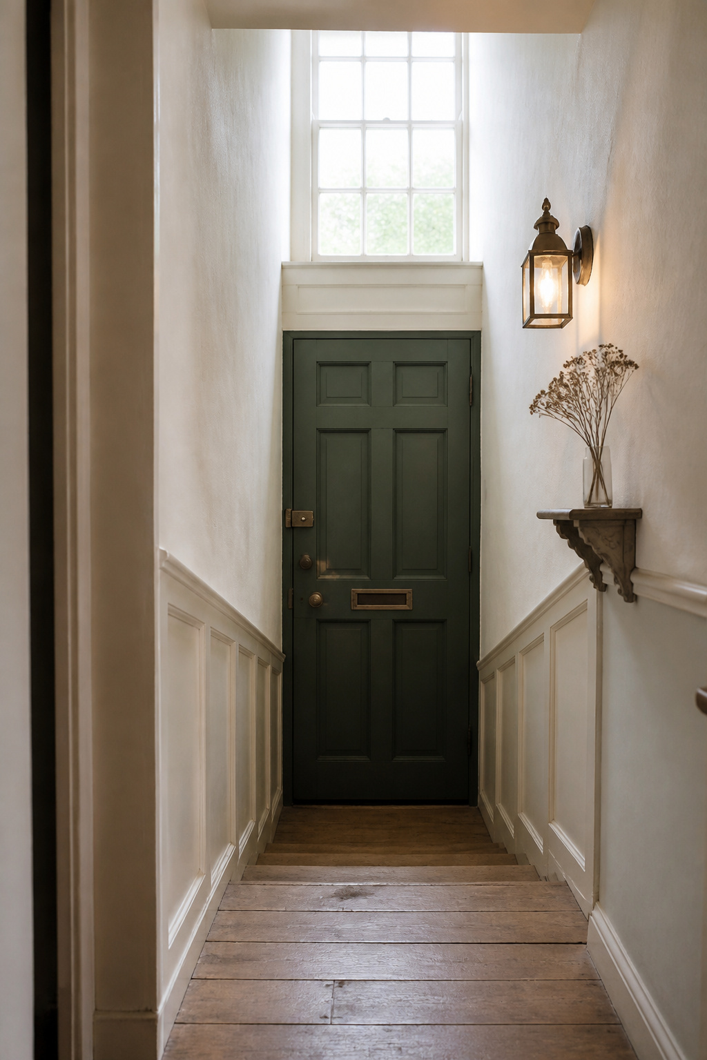 Narrow period cottage entryway painted in warm creamy white with timber dado panelling, aged oak plank floor, and sage green front door
