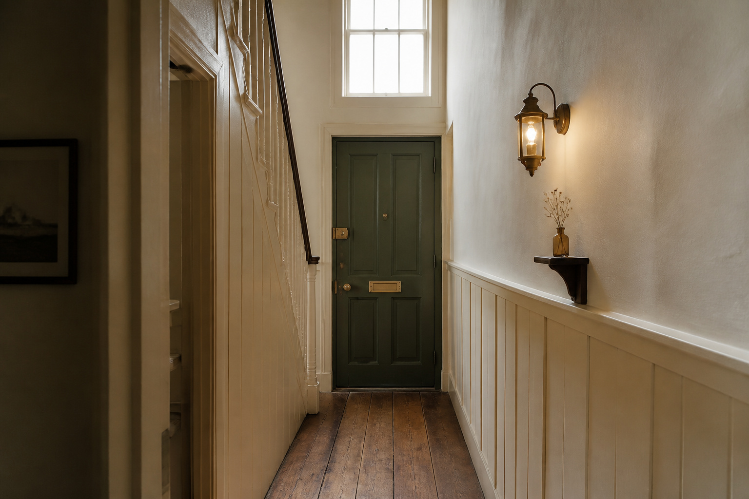 Narrow period cottage entryway painted in warm creamy white with timber dado panelling, aged oak plank floor, and sage green front door