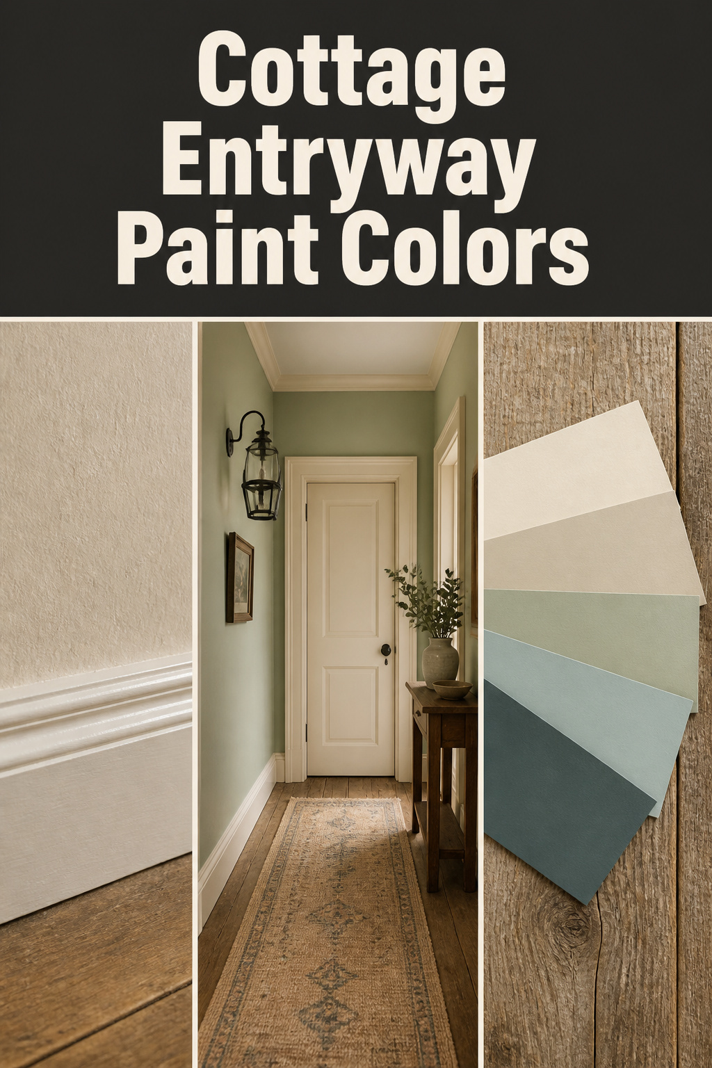 Pinterest collage of cottage entryway paint colour ideas — warm cream walls with timber trim, a chalky sage hallway, and a fan of heritage paint chips