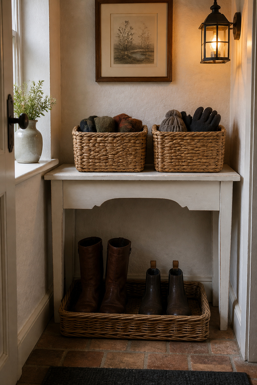 Cottage entry console shelf with two honey-toned wicker baskets holding scarves and hats, rattan boot tray below with two pairs of boots