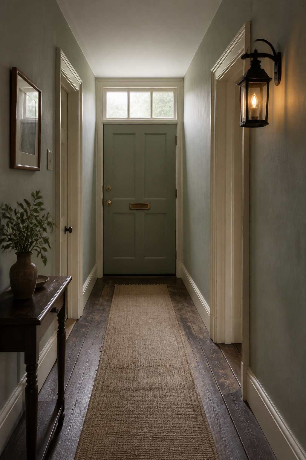 Period cottage hallway painted in chalky muted sage green with cream off-white woodwork, aged oak floor runner, and a cast-iron wall lantern