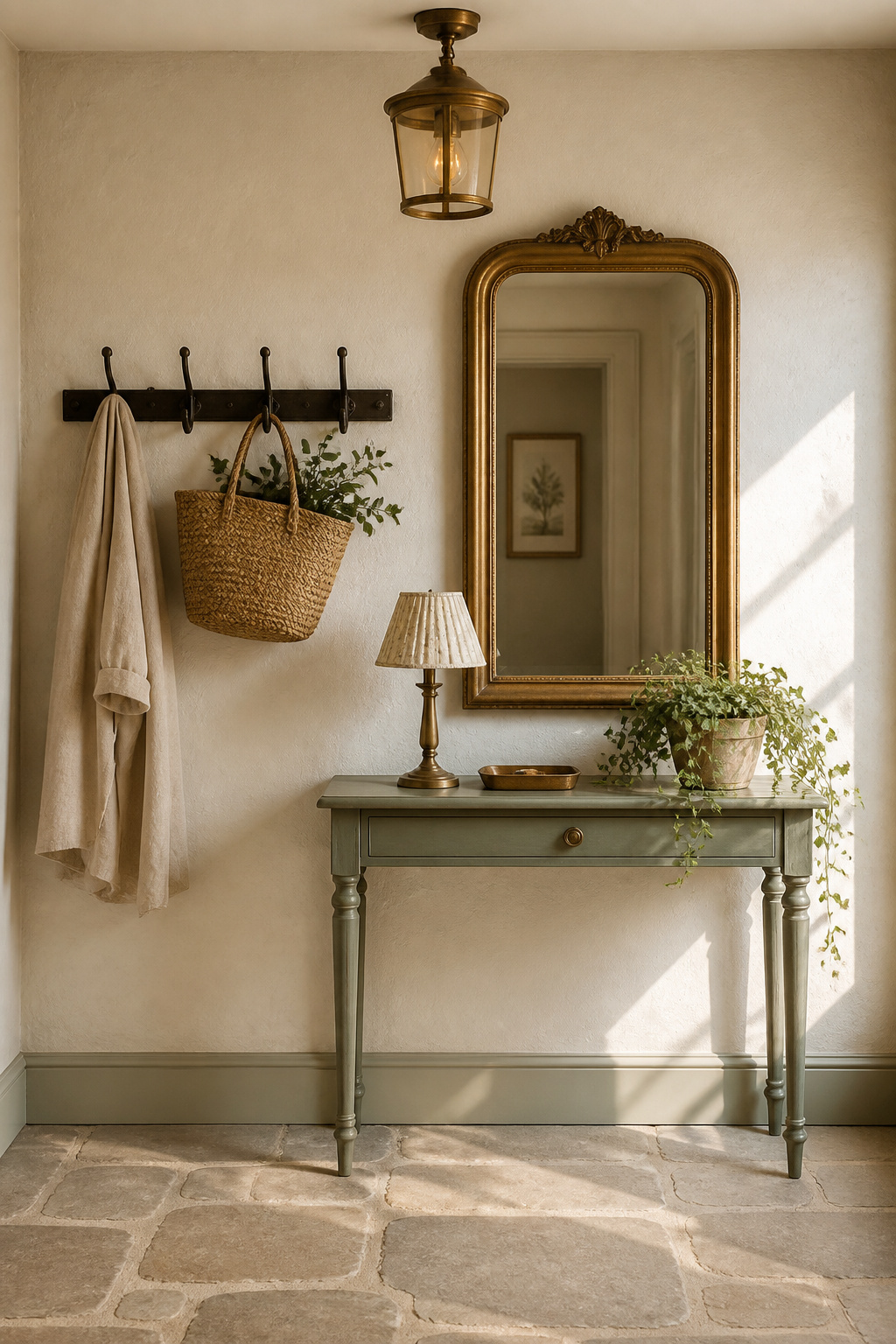 Cottage entry wall showing all six design zones — flooring, wall colour, peg rail, console table, mirror and lantern fixture
