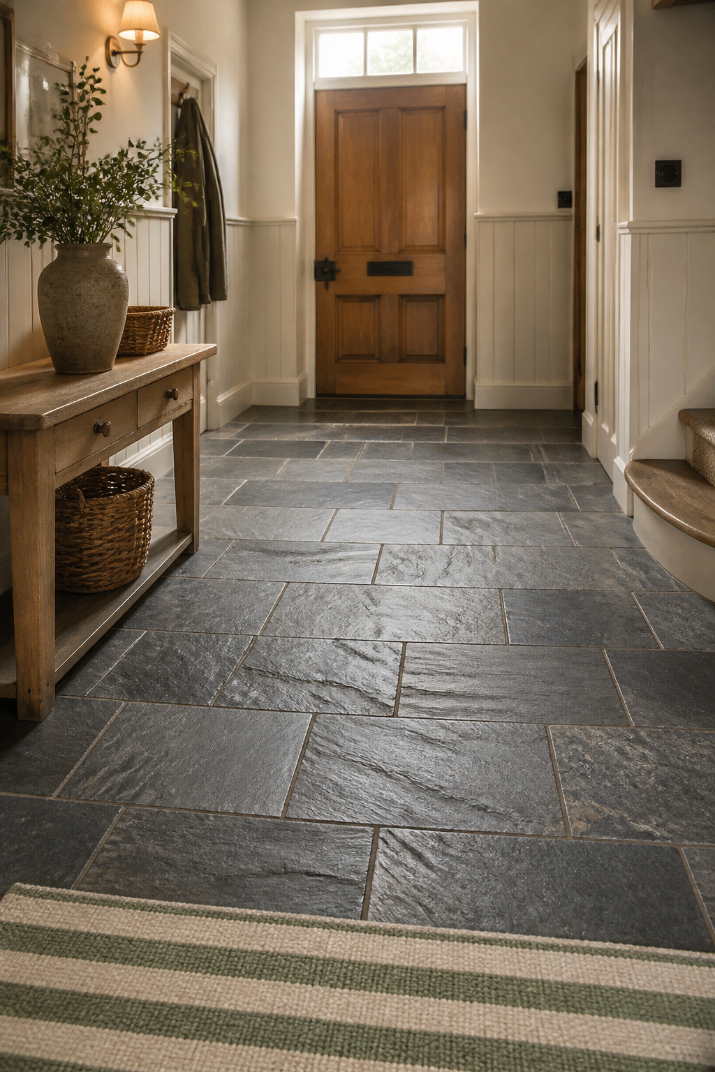 Cottage entryway with natural cleft slate tile floor in dark grey, a striped cream and sage cotton runner, and white-painted wainscoting