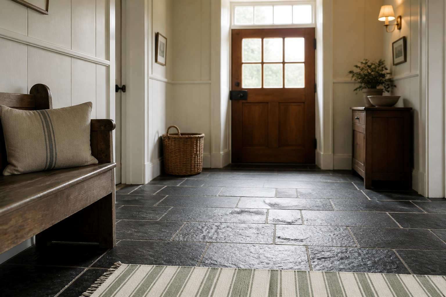 Cottage entryway with natural cleft slate tile floor in dark grey, a striped cream and sage cotton runner, and white-painted wainscoting