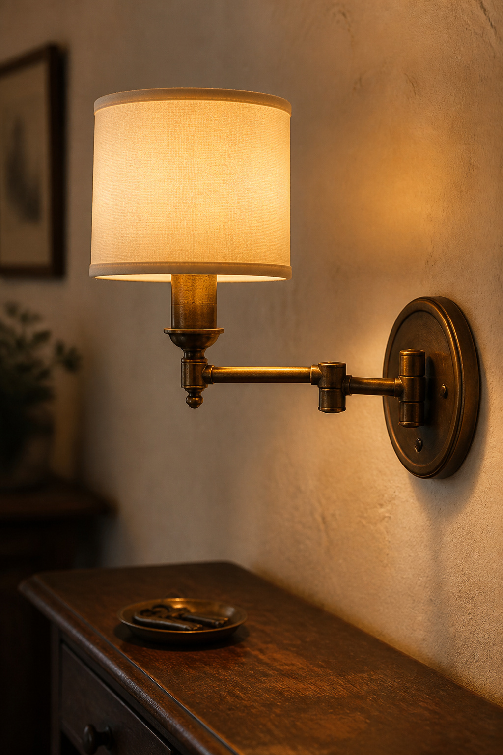 An aged-brass swing-arm wall sconce with cream shade extended over a narrow console table in a cottage entryway, casting warm amber light downward