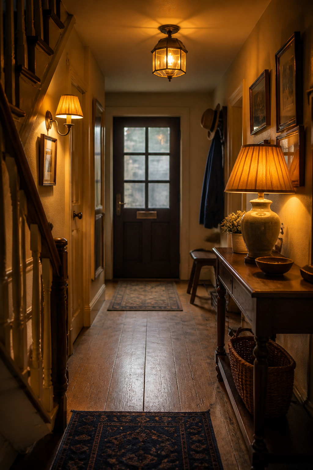 A cottage entryway in evening light showing all three lighting layers — ceiling semi-flush, wall sconce and console lamp — all glowing warm amber