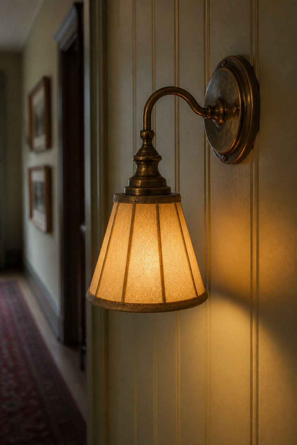 An aged-brass wall sconce with a cream fabric shade mounted at hallway height on a pale green panelled cottage wall, casting warm amber light downward