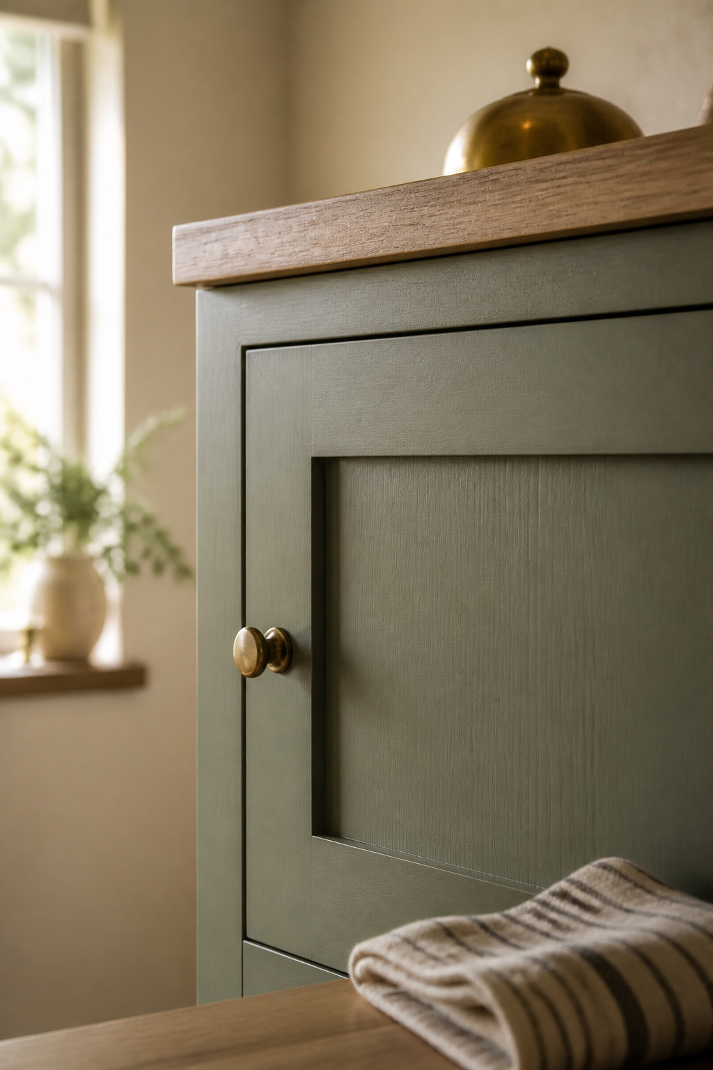 In-frame painted cabinet door with visible timber face frame and an unlacquered brass knob, the joinery detail separating cottage cabinetry from farmhouse