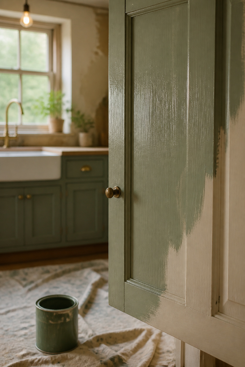 Cabinet door mid-repaint with a wet sage-green brushstroke and a closed paint tin on a drop cloth