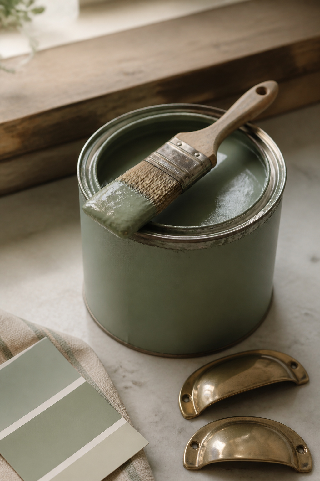 Sage-green cabinet paint can with brush, brass cup pulls and a swatch card on a reclaimed pine counter