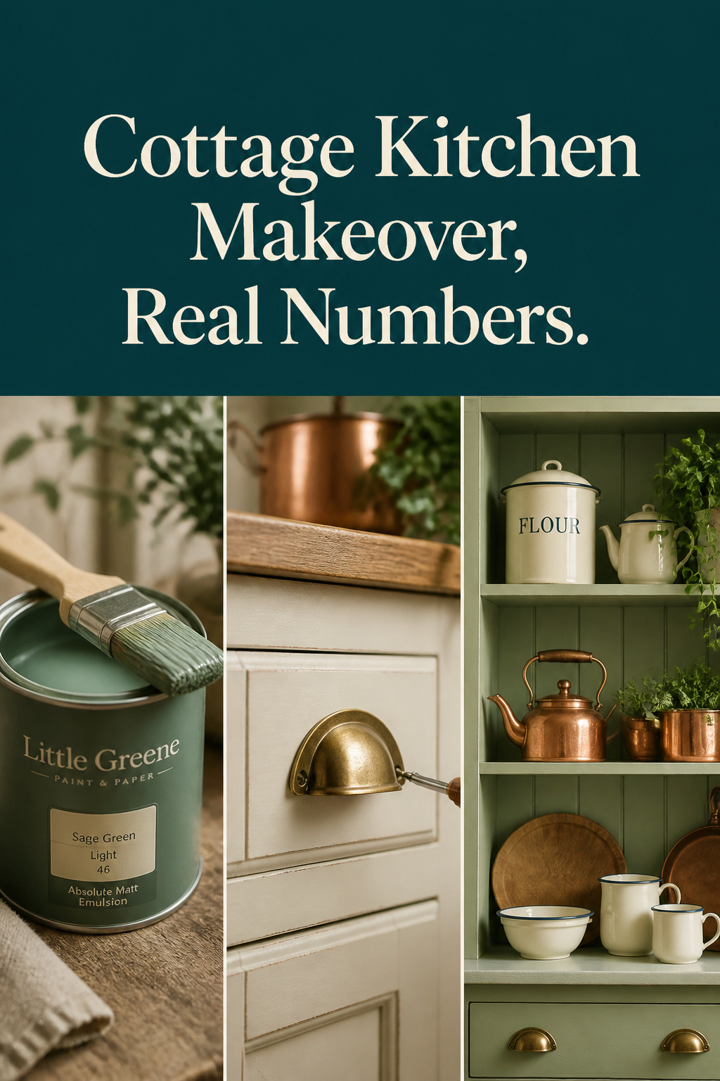 Pinterest pin showing three panels of a budget cottage kitchen makeover: paint, brass hardware, and a styled open shelf