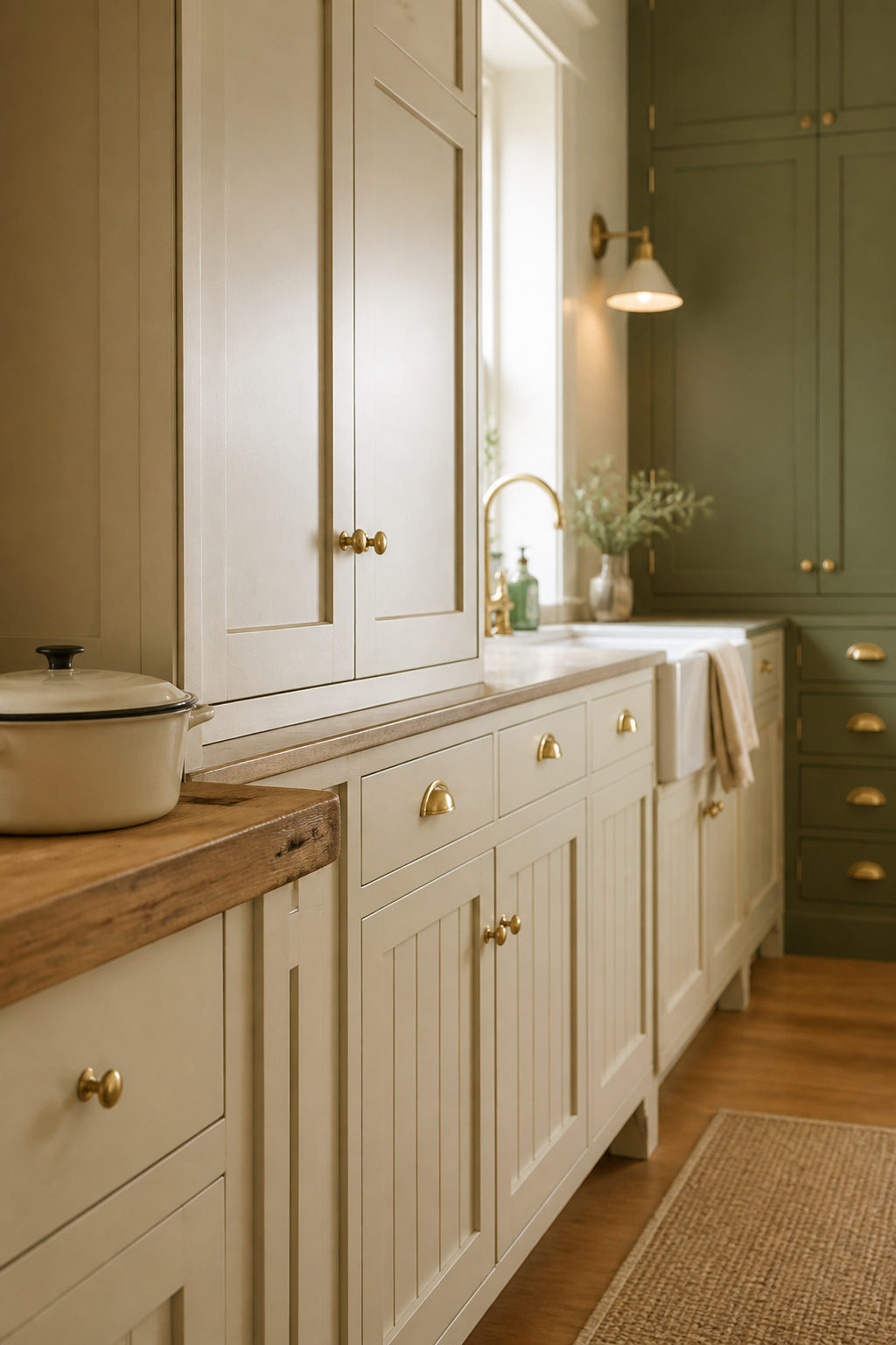Buttermilk-cream painted shaker cabinets with brass hardware in a cottage kitchen, reclaimed pine counter and cream enamelware