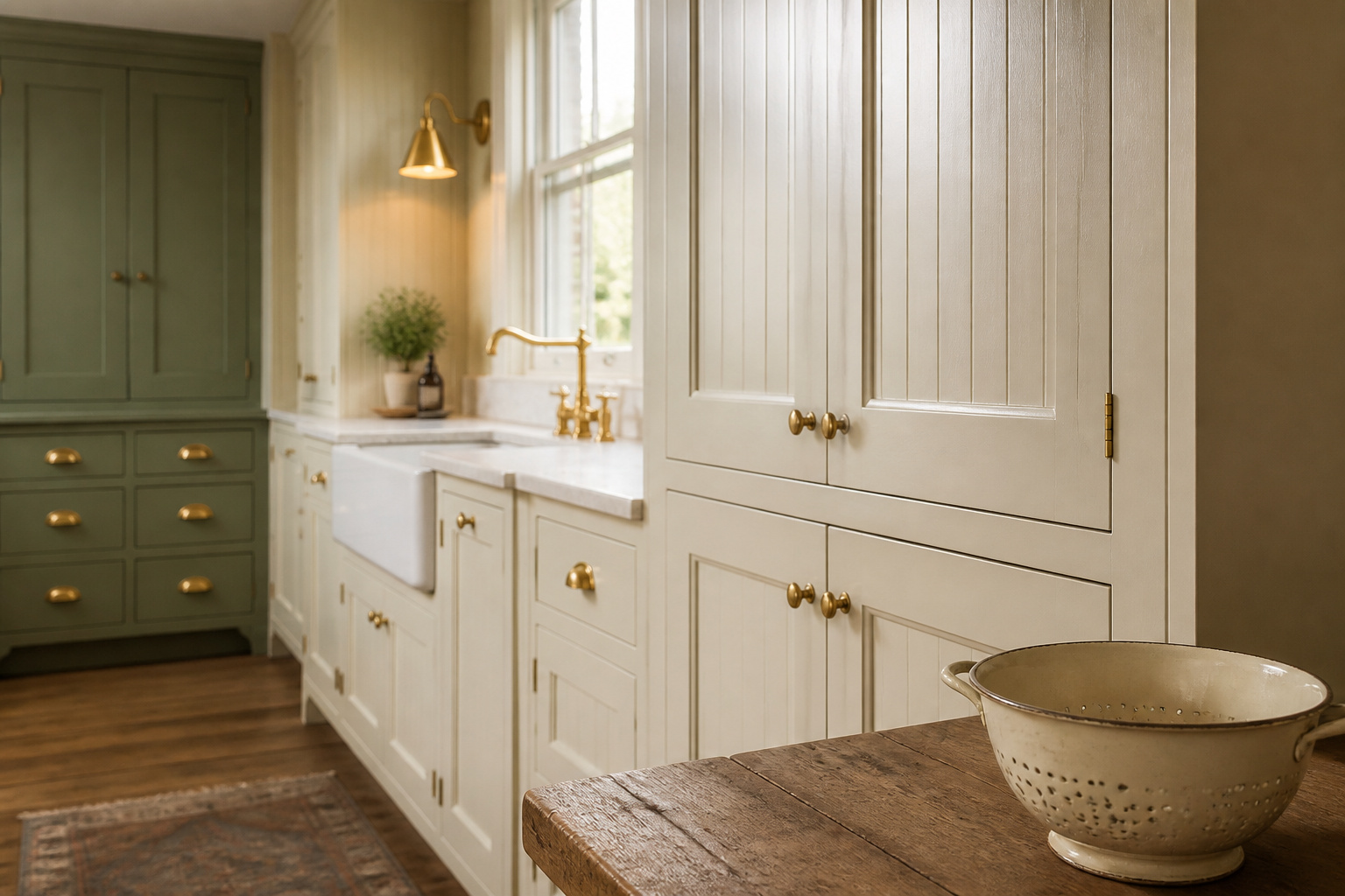 Buttermilk-cream painted shaker cabinets with brass hardware in a cottage kitchen, reclaimed pine counter and cream enamelware