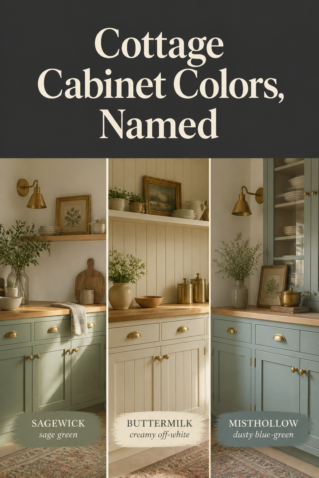Three-panel collage of cottage kitchen cabinet colors: sage green, buttermilk cream and dusty blue-green painted cabinetry