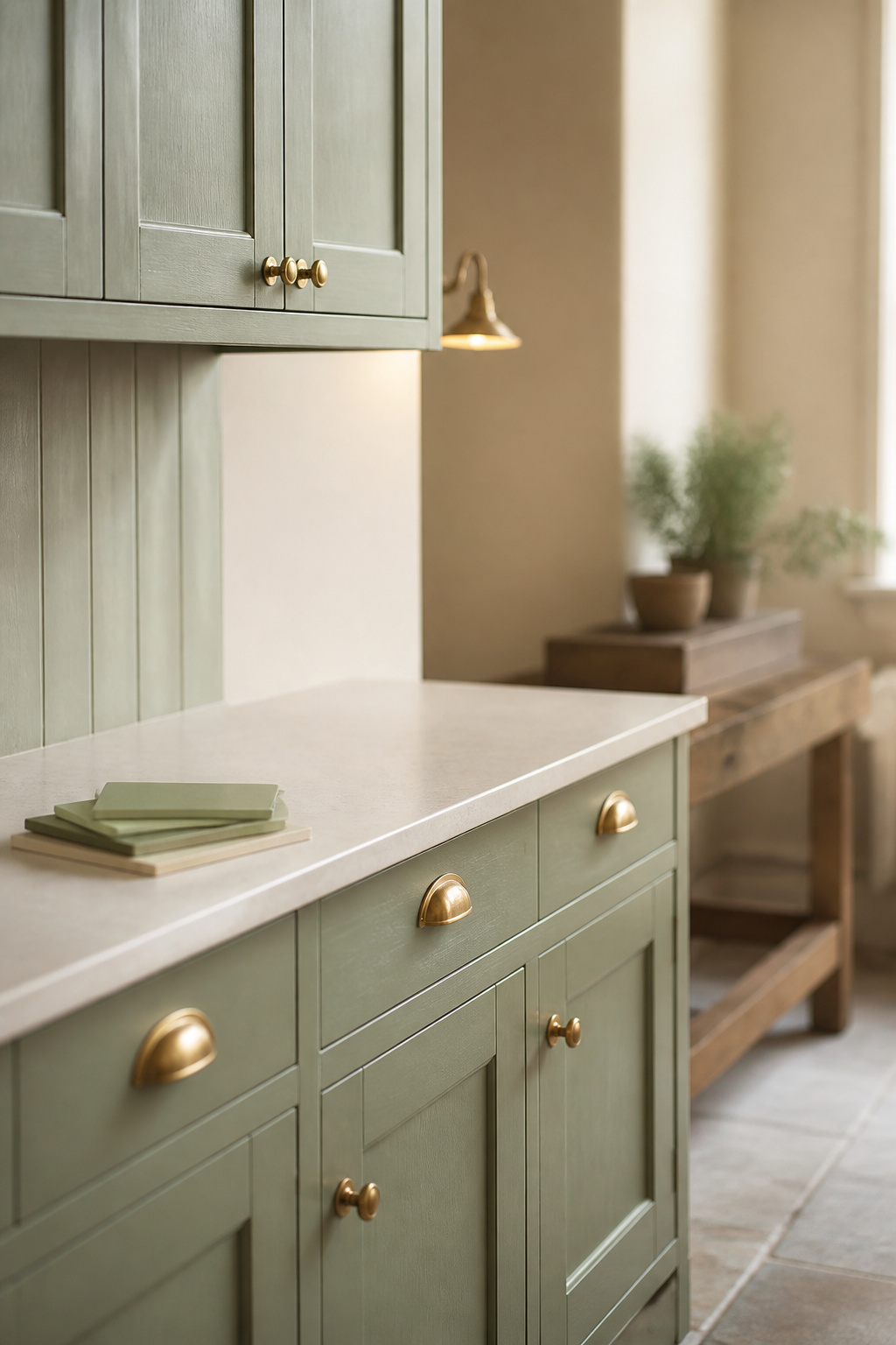 Sage-green painted shaker cabinetry with an eggshell sheen against a buttermilk wall and pine worktop