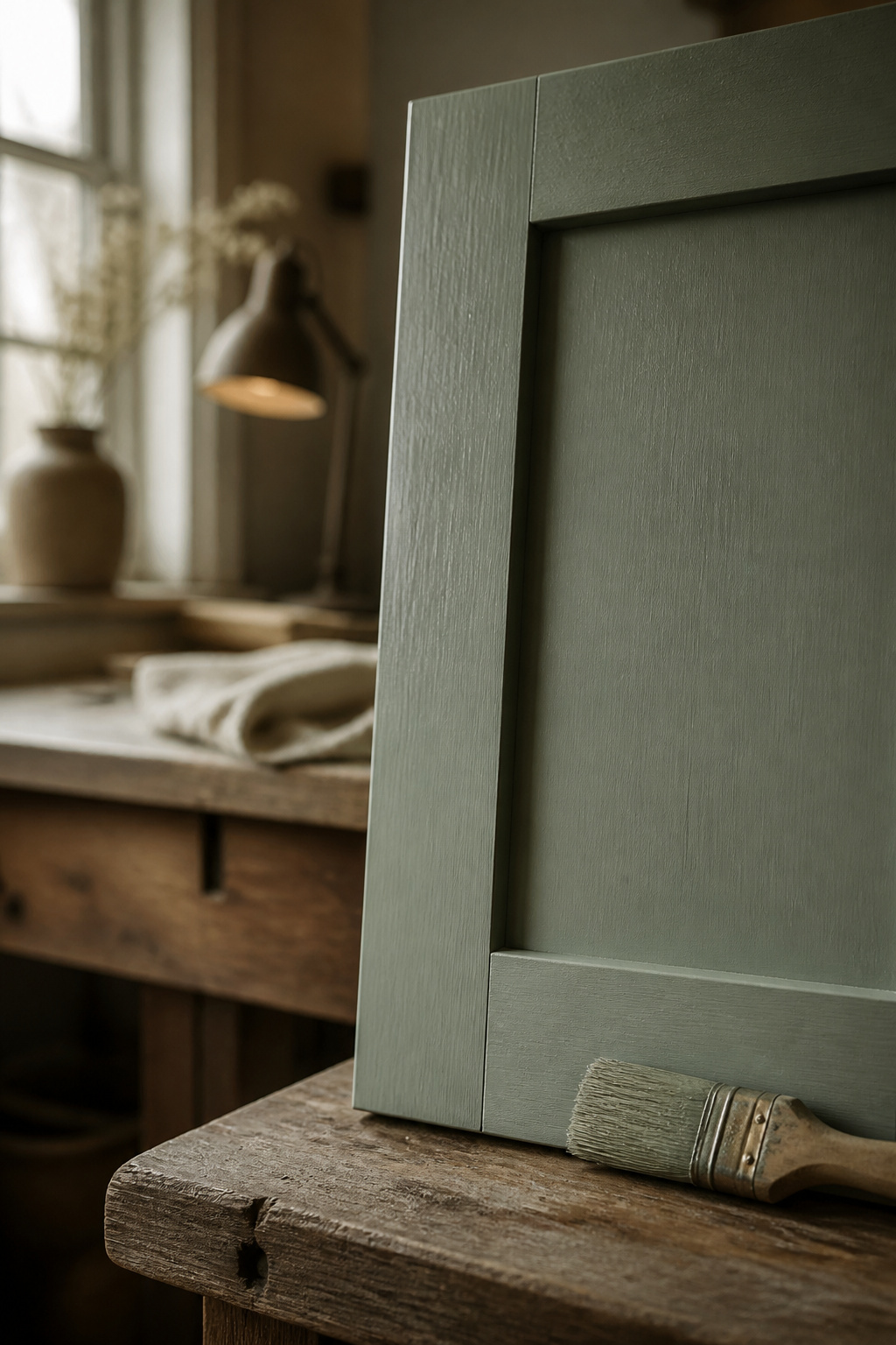 Sage-green painted shaker cabinet door drying upright on a sawhorse with visible brush texture