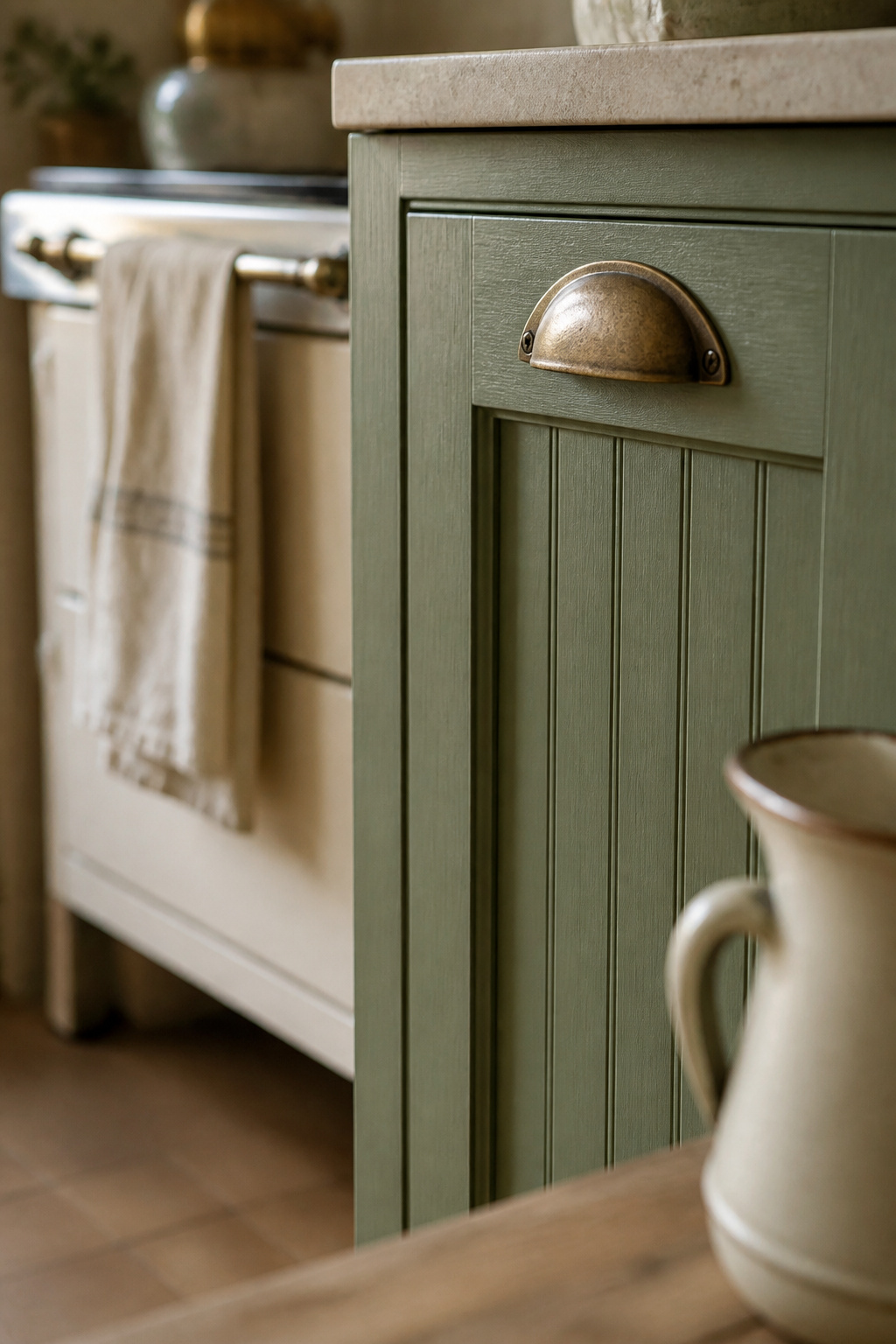 Close-up of a sage-green beadboard cabinet door with an aged brass cup pull and a cream enamelware jug nearby