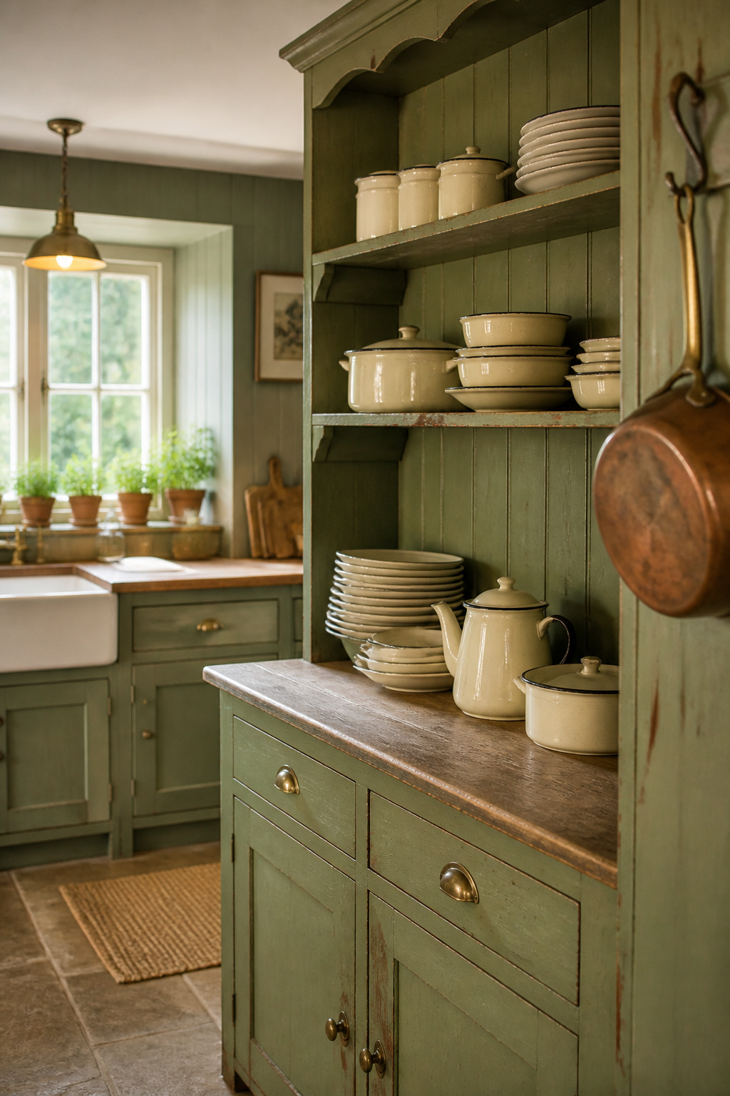 Sage-green shaker and beadboard cottage kitchen with an open pine dresser of cream enamelware and hanging copper pans