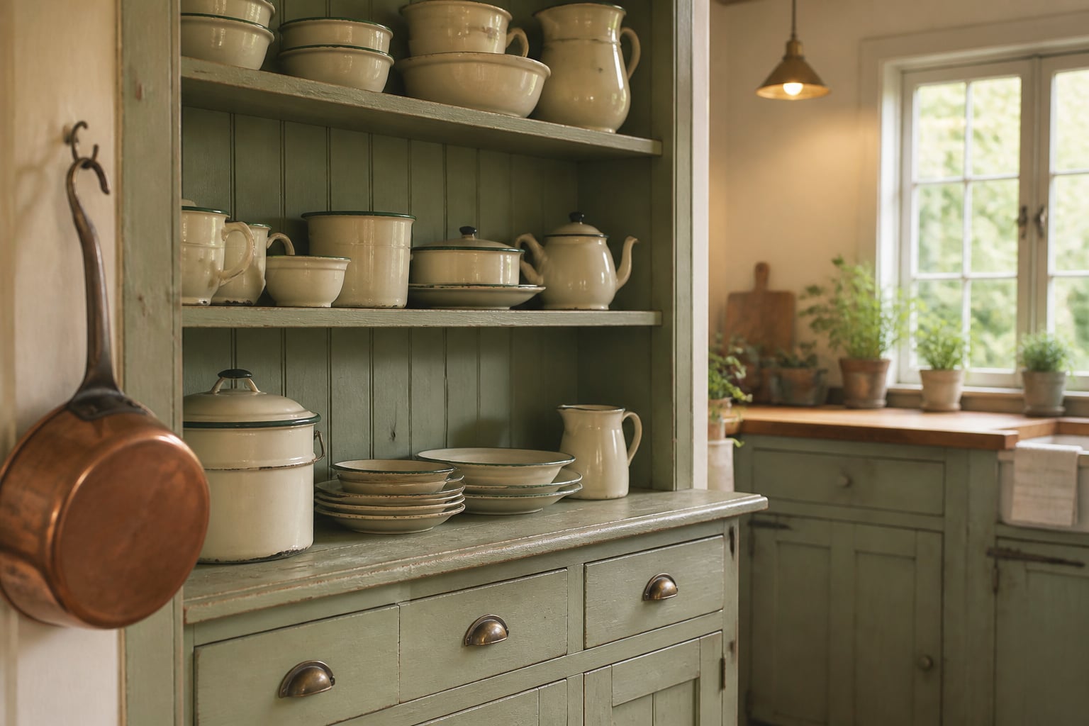 Sage-green shaker and beadboard cottage kitchen with an open pine dresser of cream enamelware and hanging copper pans