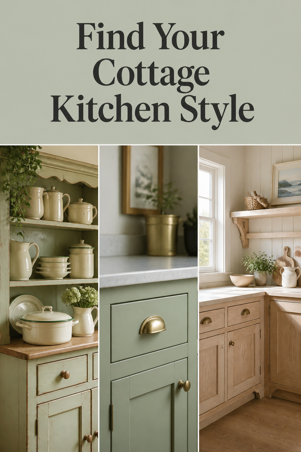 Pinterest pin collage of a cottage kitchen: a Welsh dresser with enamelware, sage-green shaker cabinetry, and a coastal-cottage pine corner, with the headline Find Your Cottage Kitchen Style