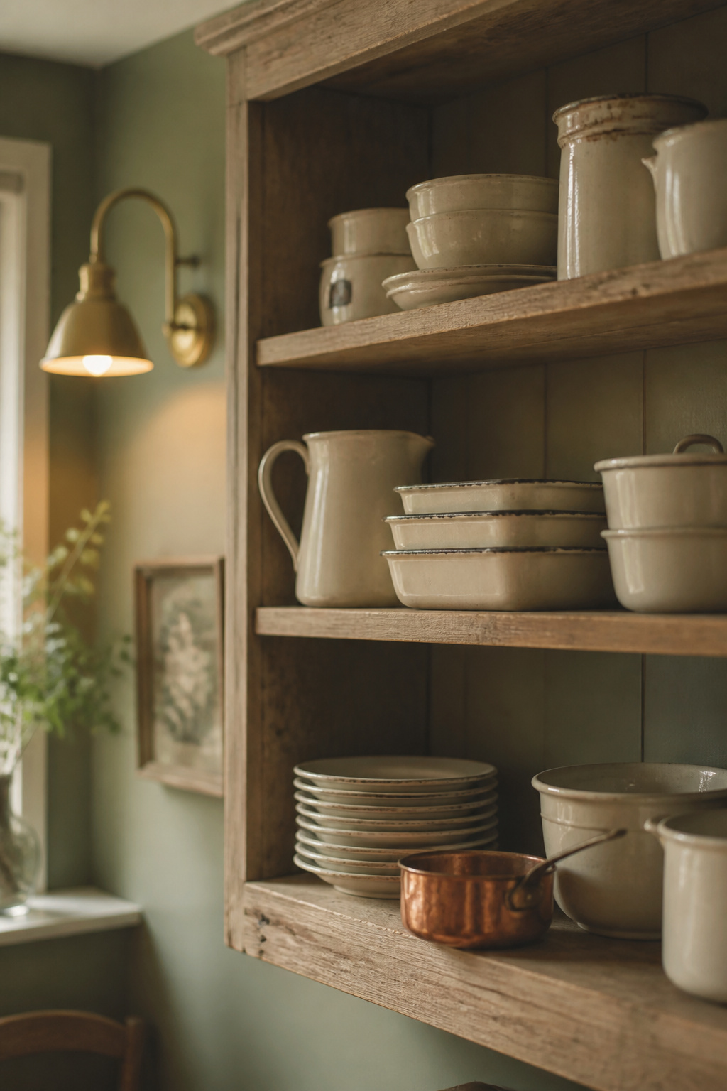 Open reclaimed pine shelf holding stacked cream enamelware and a small copper pan against a sage-green wall