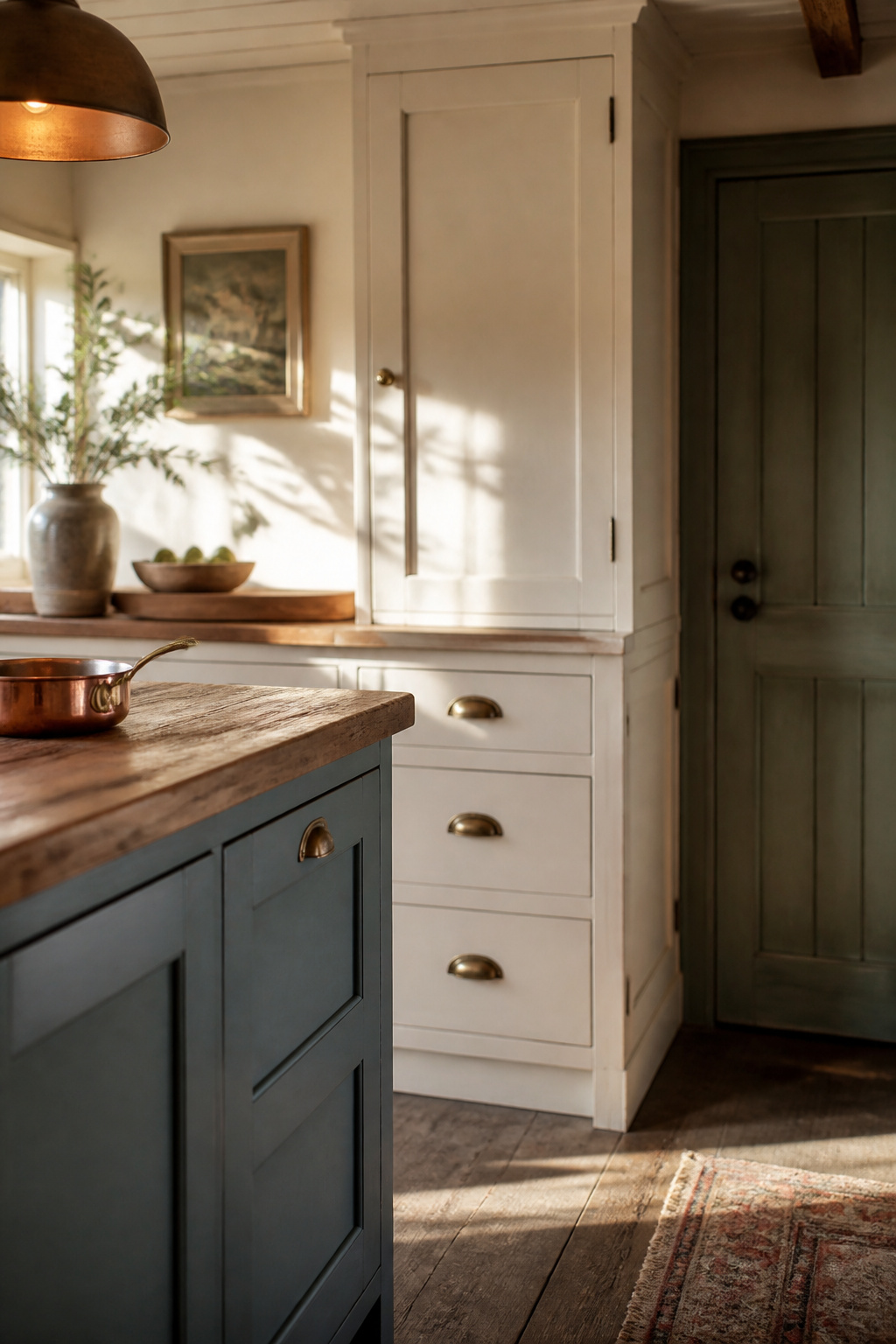 Cottage kitchen with buttermilk cream cabinets, a dusty blue-green island and a sage green pantry door