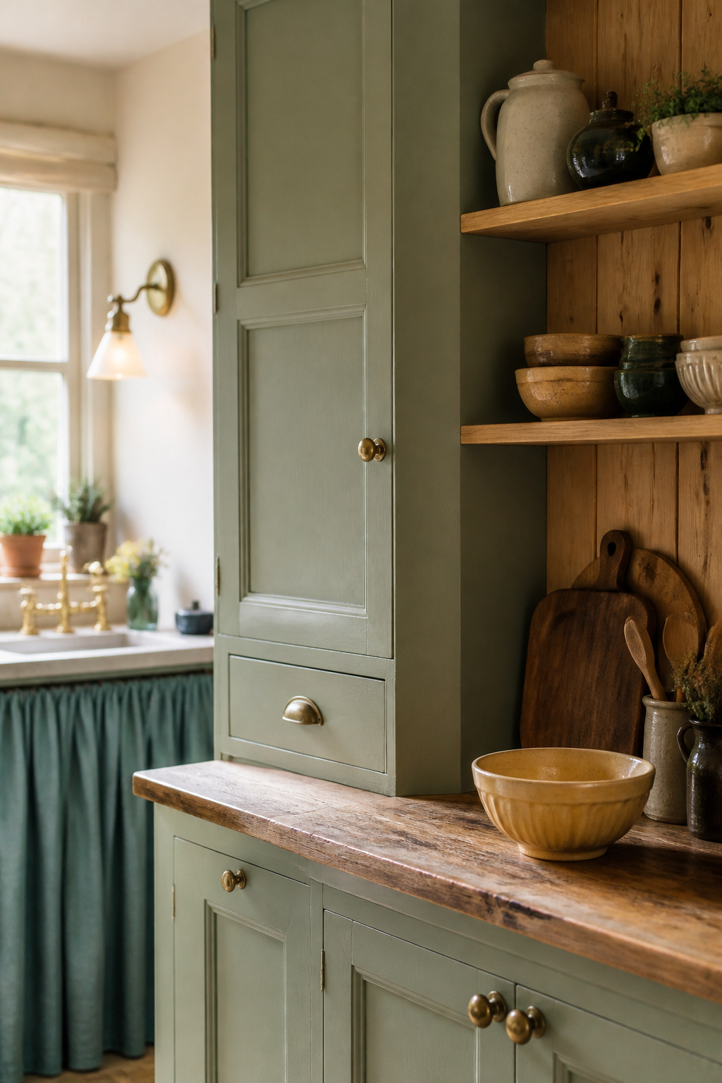 Small cottage kitchen corner with sage-green painted cabinets, an open pine shelf, and a skirted sink
