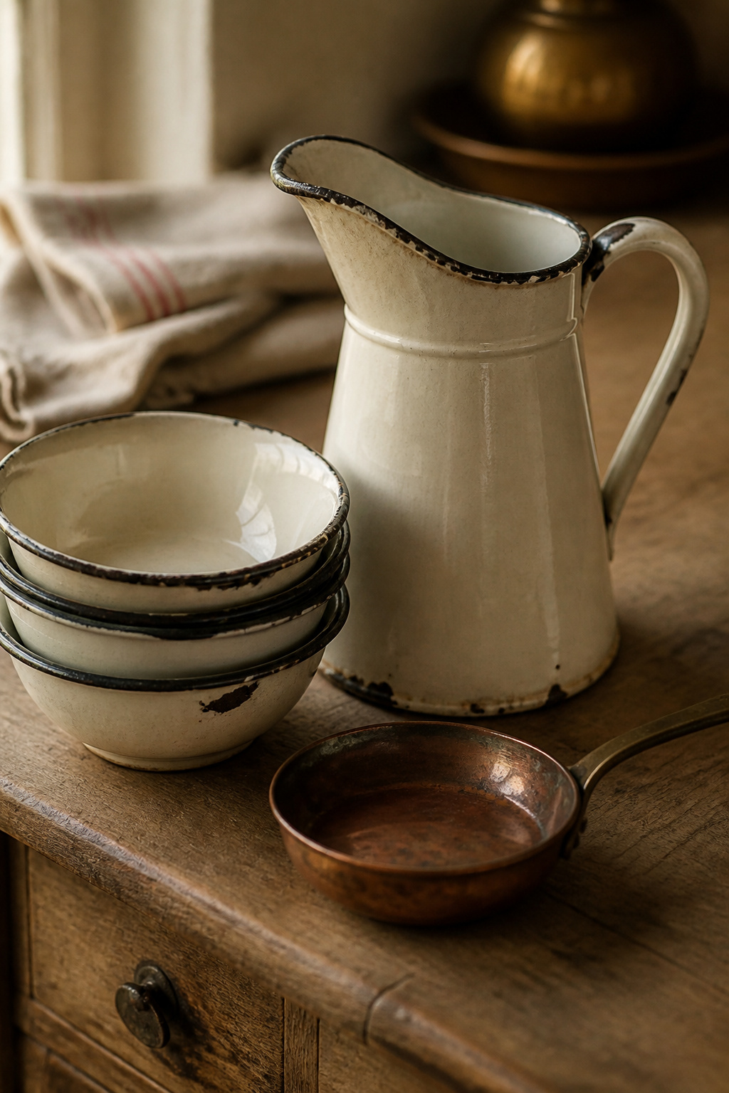 Thrifted cream enamelware pitcher, bowls and a small copper pan styled on a reclaimed pine counter