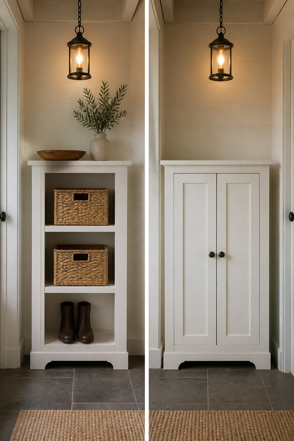 Side by side cottage entry comparison: open-cubby unit with wicker baskets on the left versus closed-door cabinet on the right in identical white-walled space