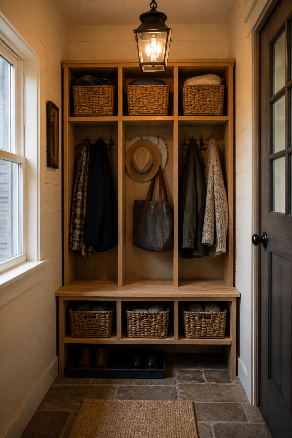 Small cottage entryway with a handmade pine cubby unit holding wicker baskets and a wooden bench, warm white walls and stone tile floor