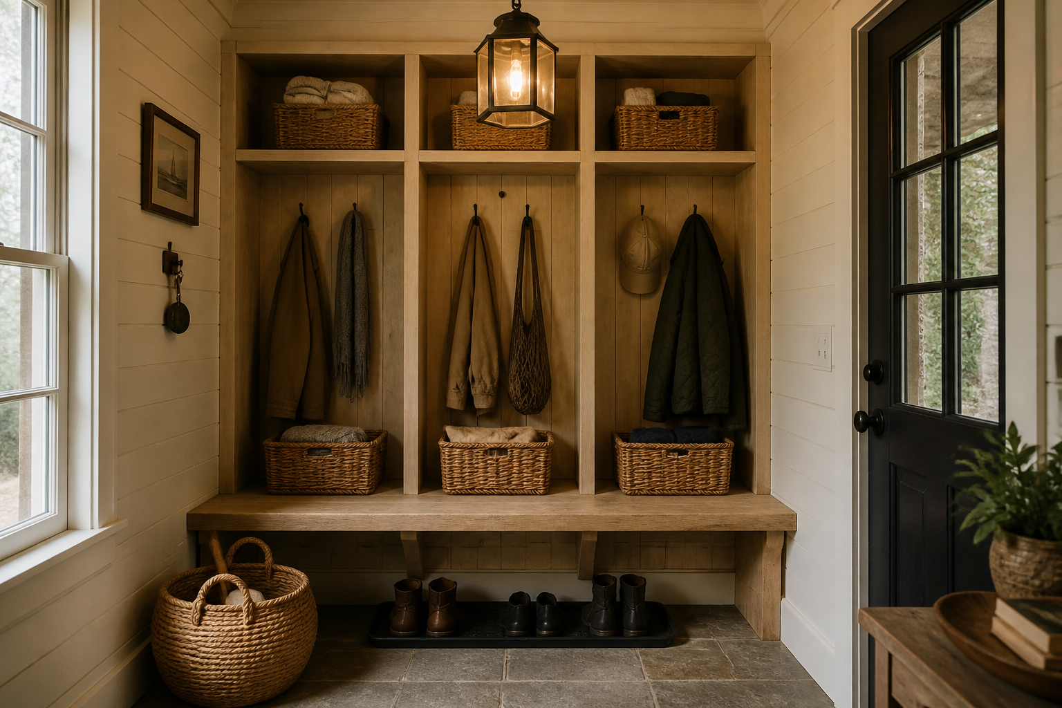 Small cottage entryway with a handmade pine cubby unit holding wicker baskets and a wooden bench, warm white walls and stone tile floor