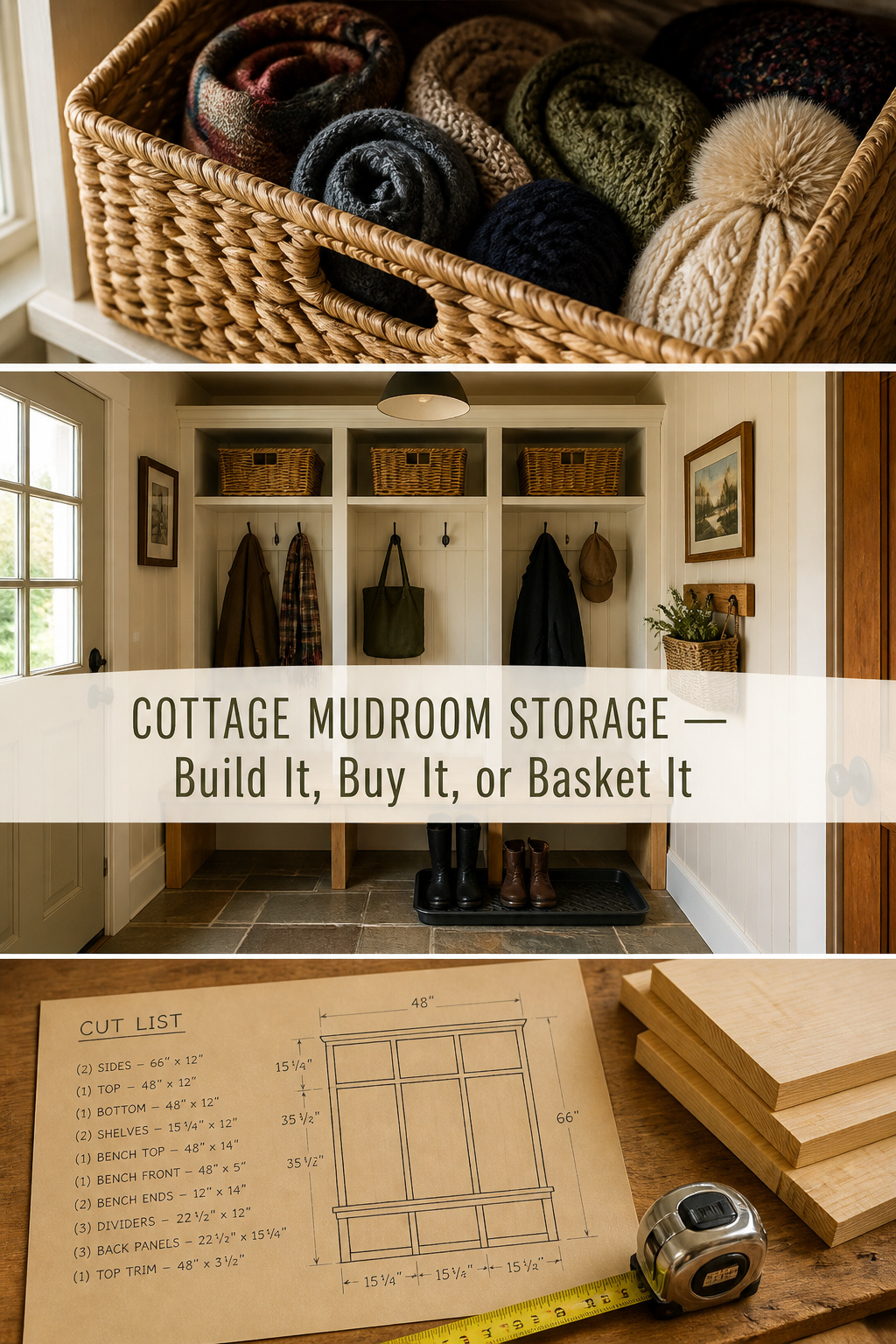 Pinterest guide to cottage mudroom storage ideas showing wicker baskets, a finished cubby entryway, and a DIY cut list on a workbench