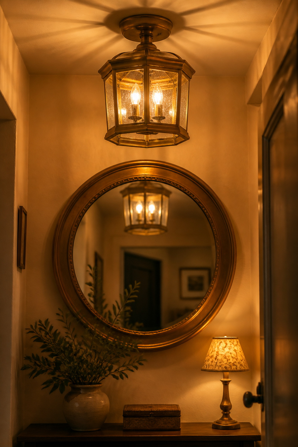 A tiny cottage entryway with an aged-brass semi-flush lantern on a low ceiling, reflected in a round gilt mirror below, both glowing warm amber beside a console lamp
