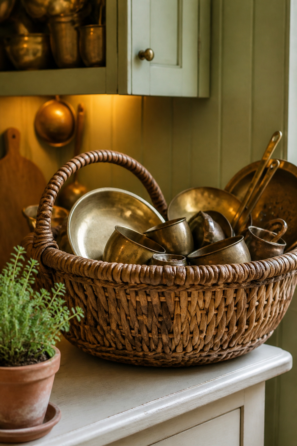 Woven basket of thrifted brass kitchenware resting on a cream-painted shaker counter in a cottagecore kitchen
