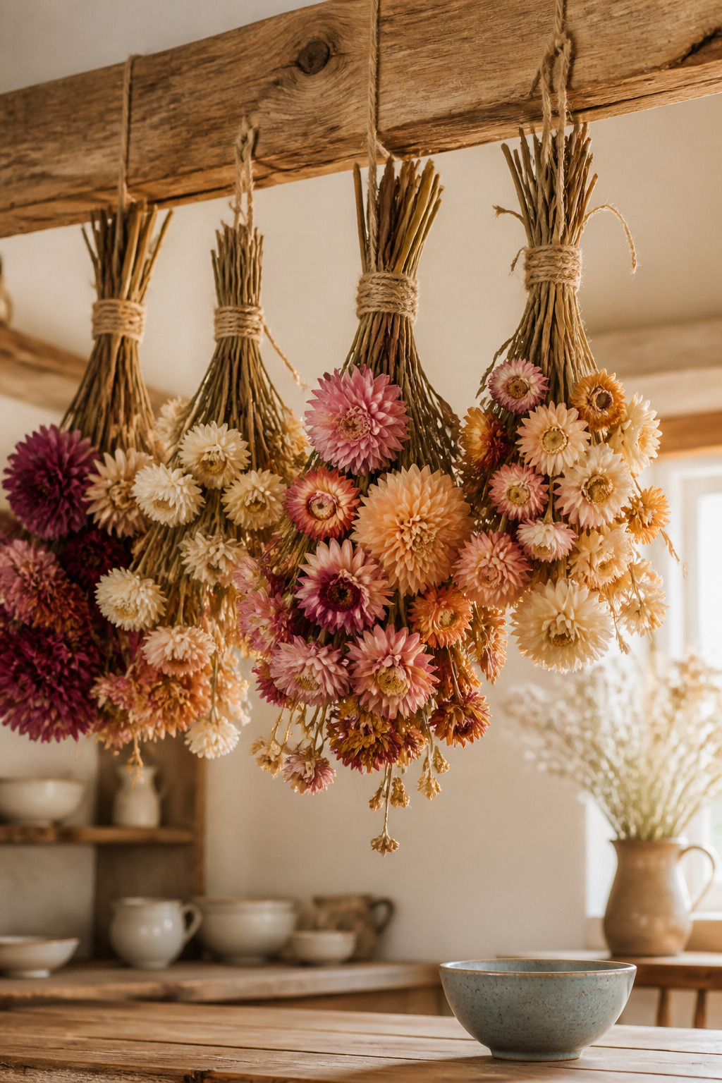Twine-tied bunches of dried strawflowers and dahlias hanging from a pine beam in a cottagecore kitchen