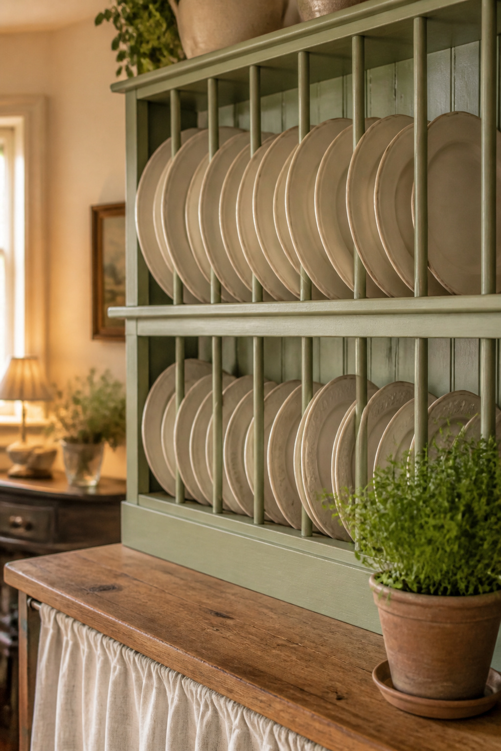 Sage-green painted plate rack holding stacked cream ironstone plates above a curtain-skirted pine counter