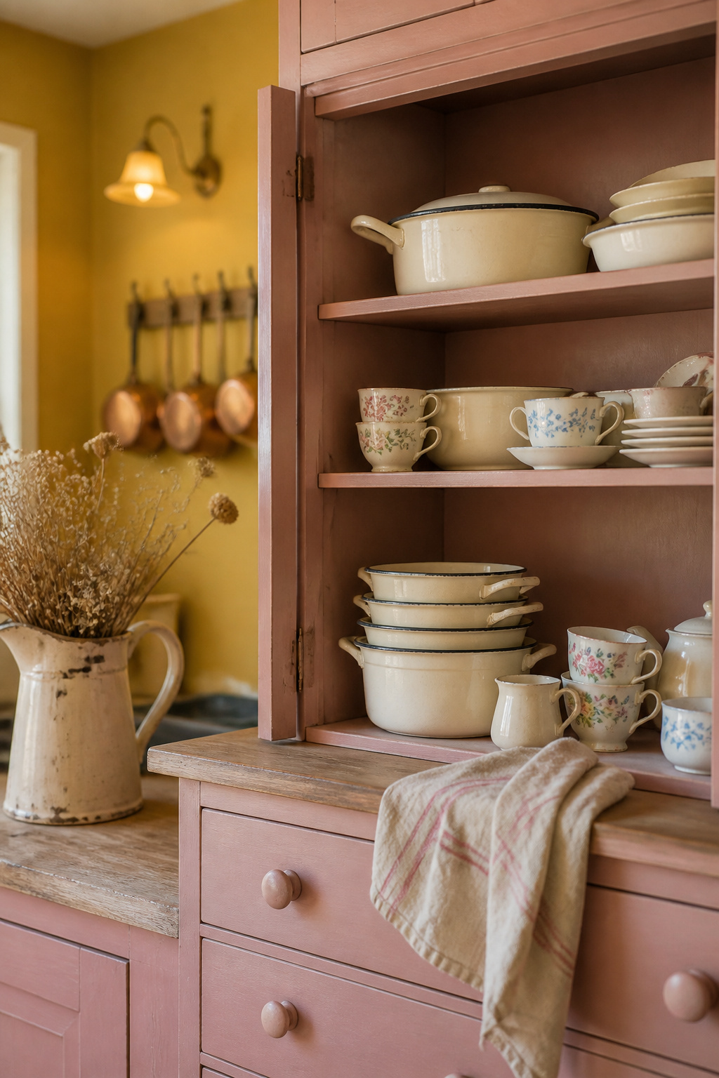 Dusty-rose painted shaker dresser in a cottagecore kitchen holding cream enamelware, mismatched vintage teacups and dried wildflowers in an enamel jug