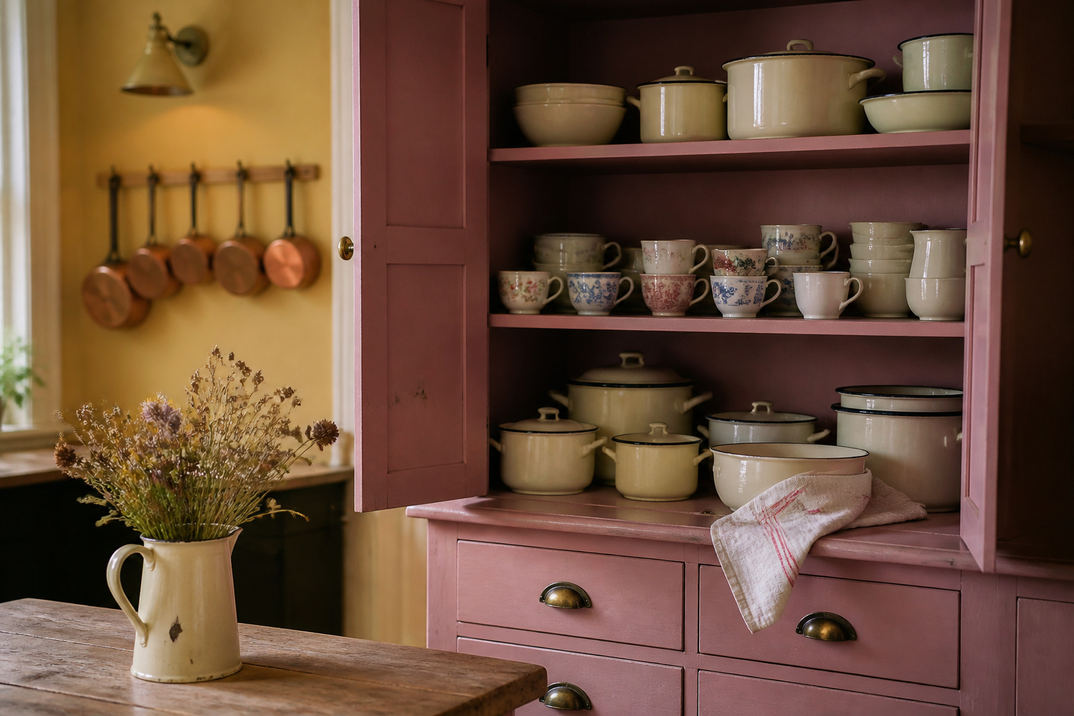 Dusty-rose painted shaker dresser in a cottagecore kitchen holding cream enamelware, mismatched vintage teacups and dried wildflowers in an enamel jug